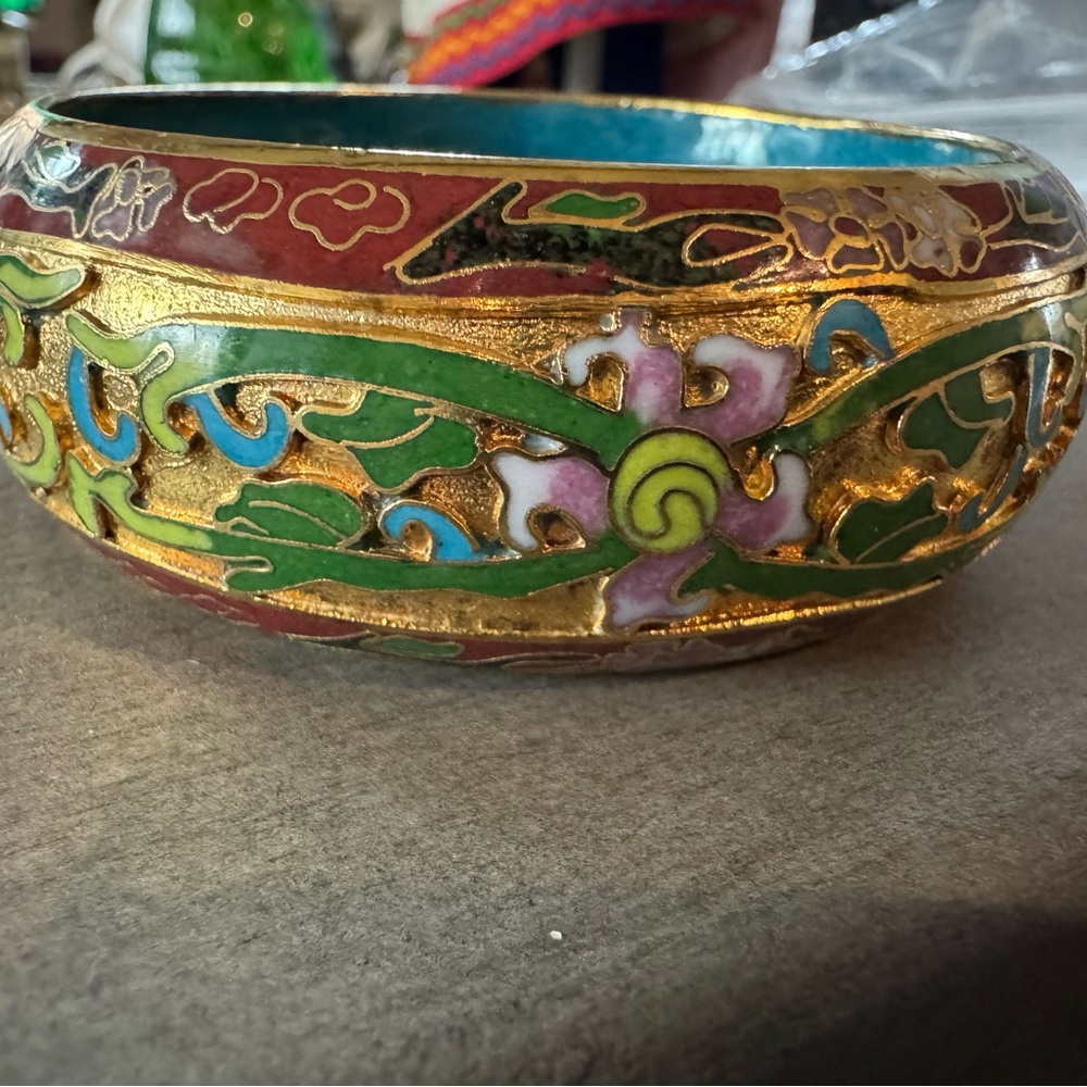 Vintage Raised Cloisonne Textured Champleve Multi-color Enamel Wide Bangle